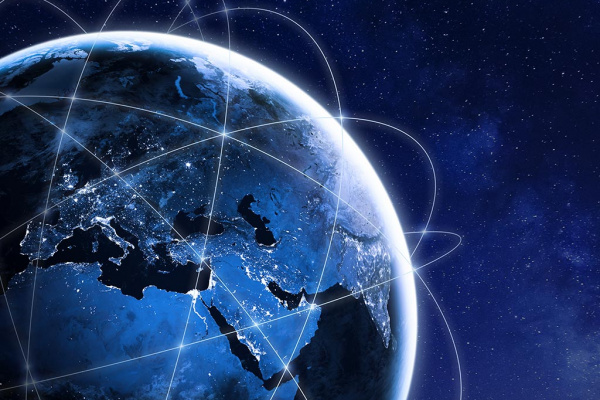 Global connectivity concept with worldwide communication network connection lines around planet Earth viewed from space